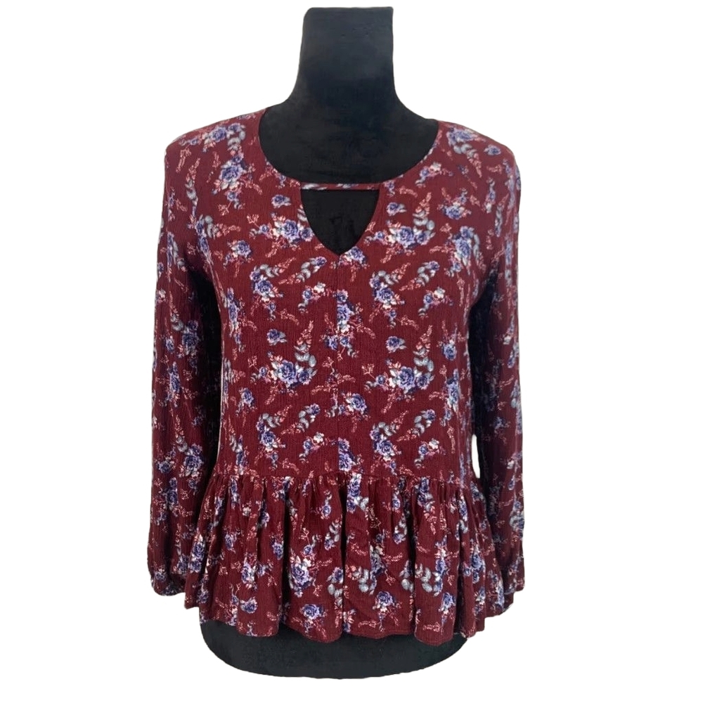 Floral Burgundy Women's Top American Eagle Keyhole Top